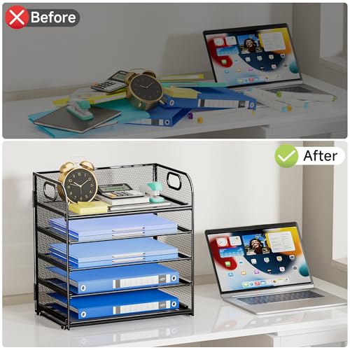 Paper Organizer Letter Tray with Handle Mesh 5 Trays Desk File Organizer Paper Sorter Desk Organizer for Office, Home or School-Black