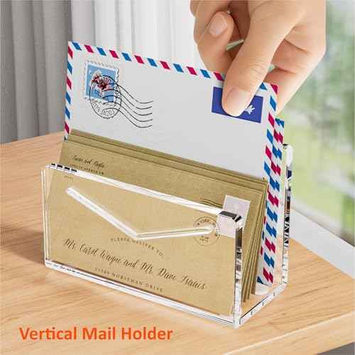Acrylic Mail Holder, Clear Acrylic File Letter Organizer, Vertical Envelope Mail Holder for Desk, Lightweight Countertop Bill Holding Sorter Letter Invoice Stand for Home Office School