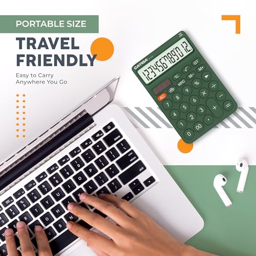 CATIGA Green 12 Digit Desktop Calculator with Large LCD & Big Buttons, Solar & Battery Power
