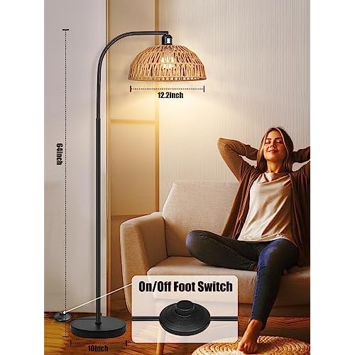 Rattan Floor Lamp- Boho Standing Lamp with Remote Control and Dimmable Bulb, Hand-Worked Adjustable Rattan Shades, Black Farmhouse Tall Lamp, Boho Arc Floor Lamps for Living Room, Bedroom, Office