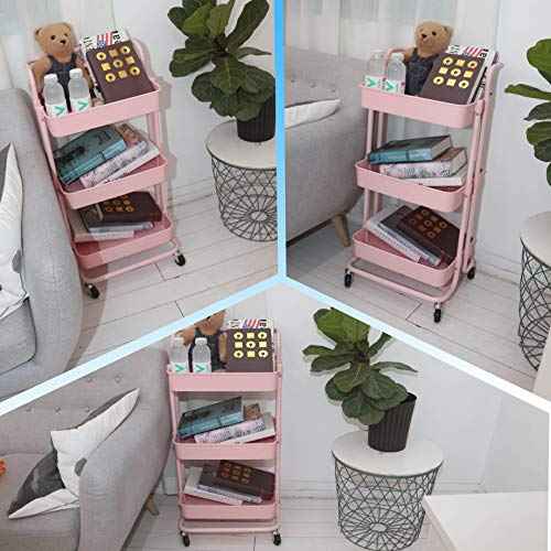 3 Tier Utility Rolling Cart Multifunction Organizer Shelf Storage Cart with 3 Pieces Cups and 8 Pieces Hooks for Home Kitchen Bathroom Laundry Room Office Store etc. (Pink)