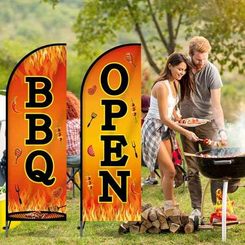 2 Sets BBQ Feather Flag for Businesses Barbecue Swooper Banner Sign with Carbon Fiber Pole and Advanced Ground Stake Portable Bag Open Advertising Flag Banner for Business Advertising Outside