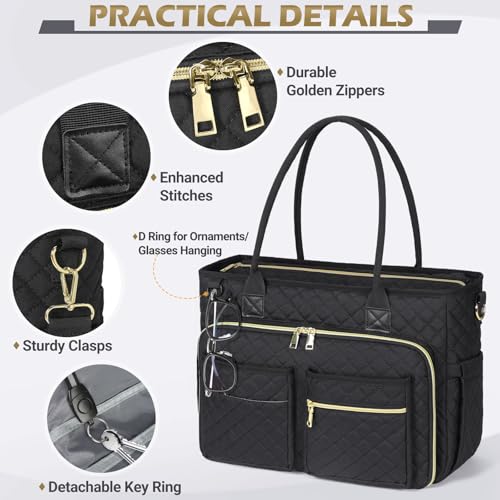 RAINSMORE Teacher Tote Bag 15.6 inch Laptop Bag for Women Work Bags Laptop Tote Nurse Bag Professional Computer Messenger with Insulated Pocket, Laptop Briefcase for Office, College, Nursing, Black