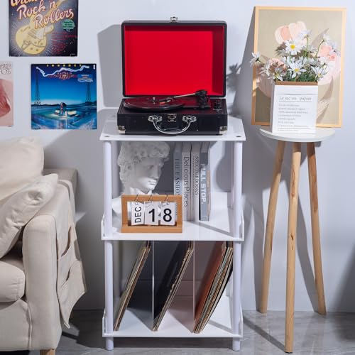 Antilope 18x14 White Acrylic Record Player Stand with Vinyl Storage, 3 Tiers Turntable Stand Holder Up to 200 Albums, Large Record Player Table Cabinet Organizer for Living Room Bedroom Corner