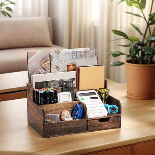 Brown Wooden Mail Organizer, Desk Organizer with 7 Compartments and Drawer, Rustic Mail Sorter with Pen Holder, Tabletop Mail Basket, Office Accessories Holder for Pen File Letter Document