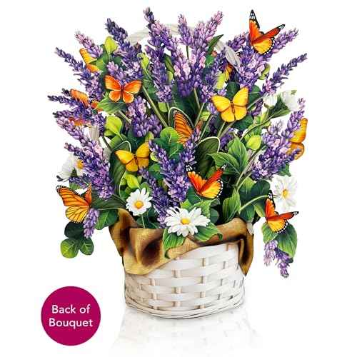 Freshcut Paper Pop Up Cards, Lavender & Butterflies, 12 Inch Life Sized Forever Flower Bouquet 3D Popup Greeting Card, Birthday & Thank You Card, Blank Notecard & Envelope