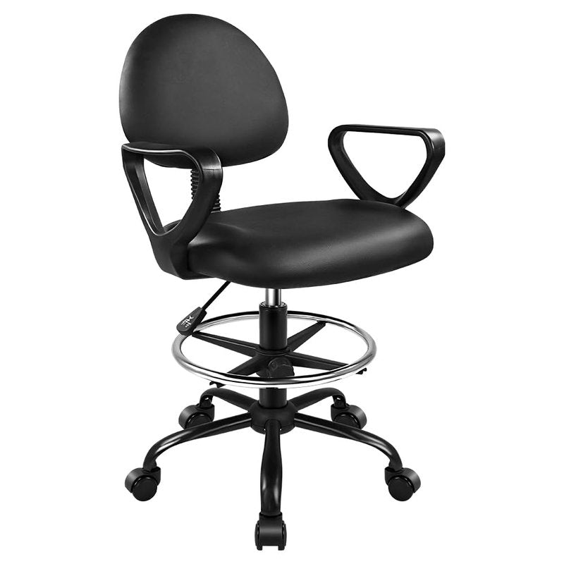 KKTONER Black Drafting Chair with Footrest Swivel PU Leather Rolling Stool Chair with Wheels Height Adjustable Office Chair with Armrests Computer Desk Chair