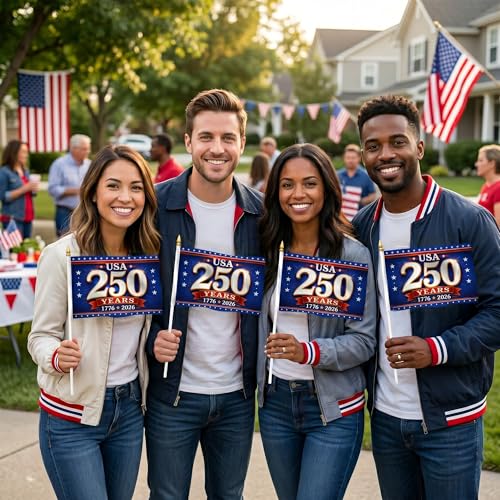 250th Anniversary USA Map Mini Flags 12 Pack Royal Blue & Red 5x8in - Hand Held Parade Flags
