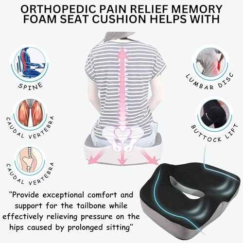 Large Tailbone Pain Relief Cushion, Memory Foam Seat Pillow for Office Chair, Wheelchair, Ergonomic Chair Cushion for Hip Pain, Ideal for Sciatica, Back Pain Relief, Removable & Washable Cover