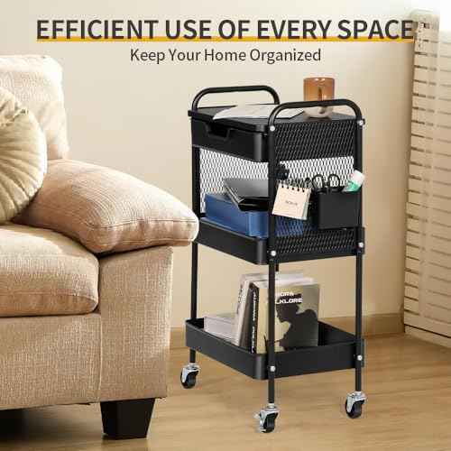 3-Tier Rolling Cart with Drawer, Metal Utility Storage Cart Organizer with Lockable Wheels&Hanging Cups&Hooks, Mobile Storage Craft Carts Trolley with Mesh Shelves for Kitchen, Office-Black