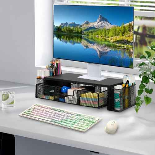 Computer Monitor Stand Riser with Drawer and Pen Holders, Desk Organizer Shelf and Accessories, Office Desk Accessories, Office Organization, Black