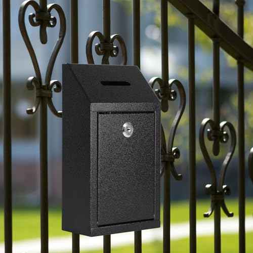 KYODOLED Money Cash Drop Box Wall Mount with Key, Metal Donation and Suggestion Box with Slot and Lock for Home, Farm or Office, Black, 10.24 x 5.7 x 2.95 Inch