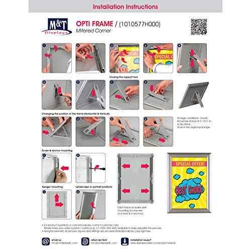 M&T Displays Opti Snap Poster Frame 8.5x11 Inch with Back Support Silver Color Aluminum Profile, Front Loading, Wall Mounting, Photo, Picture, Document, Sign Holder
