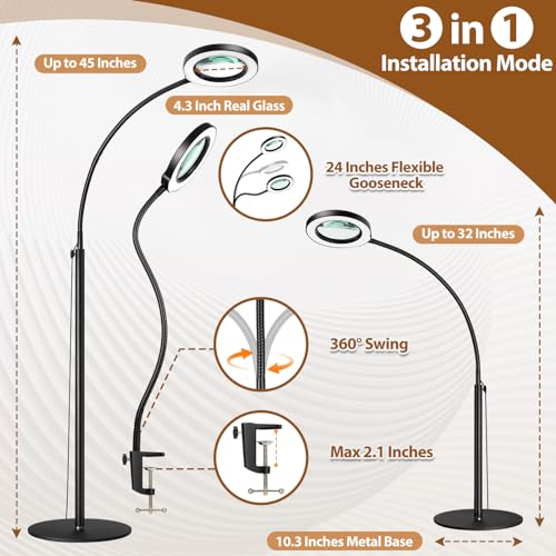 10X Magnifying Glass with Light and Stand, 24" Flexible Gooseneck Magnifying Floor Lamp, 3-in-1 LED 5 Color Modes Stepless Dimmable Lighted Magnifier Hands Free for Close Work, Hobby, Reading