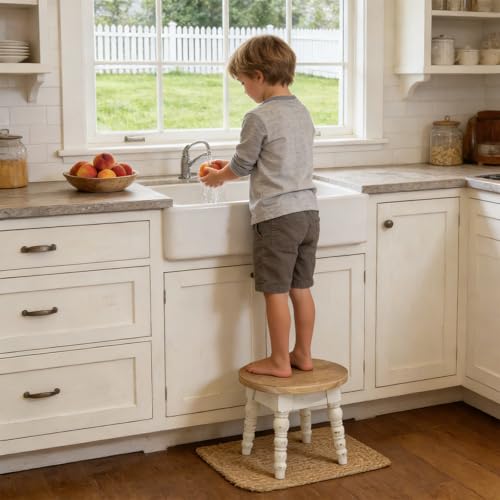 JUMBO DECOR Whitewashed Round Wooden Step Stool for Kids & Adults – Farmhouse Plant Stand, 11.8 in