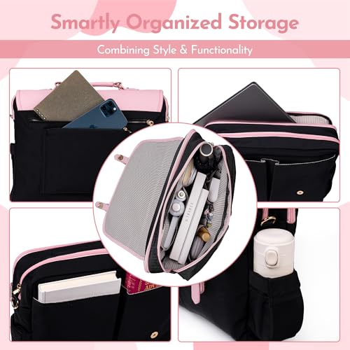 Laptop Tote Bag for Women ? 15.6" Canvas Work Bag with 17 Pockets | Black & Beige | Stylish, Durable & Lightweight