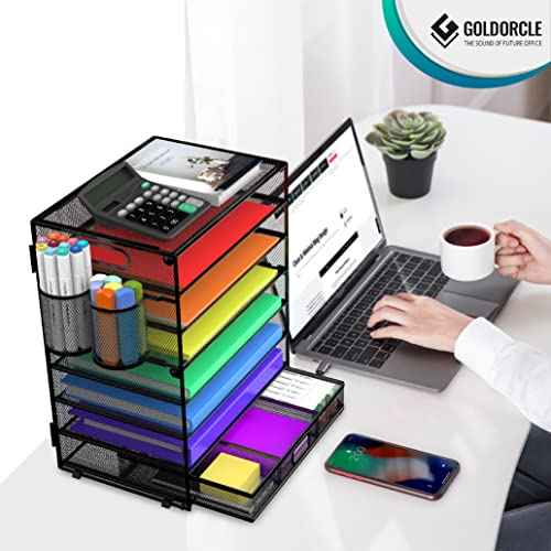 8 Tier Paper Letter Tray Organizer with Drawer & 2 Pen Holders, Mesh Desk File Holder Storage Organization for Home School Classroom & Office