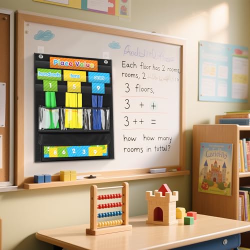 Black Place Value Pocket Chart & Counting Caddie for Classroom, 13x18 Inches
