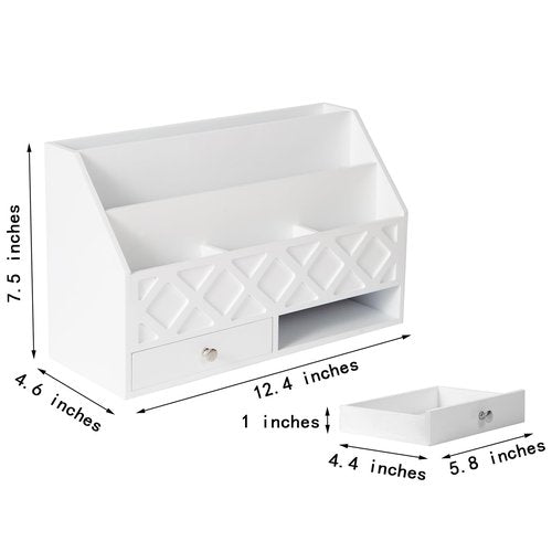 Yanzewon White Wooden Desk Organizer with 5 Compartments and 2 Drawers, Multifunctional Desk Supplies Organizer for Home Office School, Accessories Workspace Organizer and Storage
