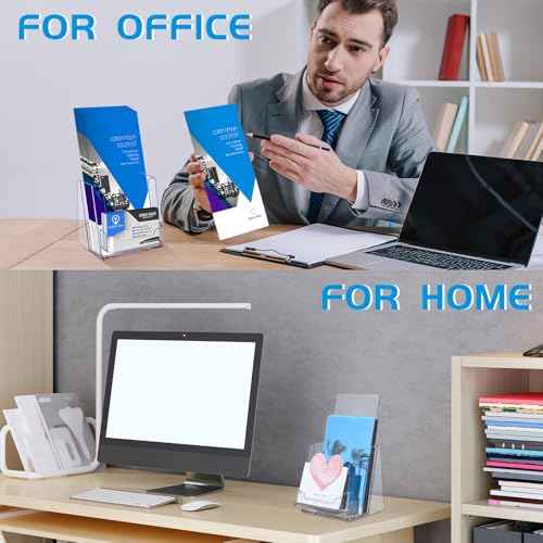 8 Sets Acrylic Brochure Holder 4'' x 9'' Brochure Display Stand Pamphlet Flyer Stand Plastic Flyer Holder with Business Card Case for Magazine Literature Booklets Menu Journals