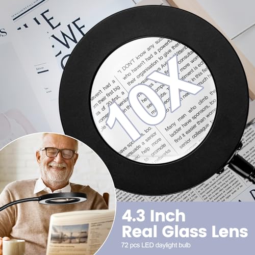 10X Magnifying Glass with Light and Stand,NUEYiO 3-Color Stepless Dimmable LED Magnifying Floor Lamp, 24" Gooseneck Adjustable Swing Arm Lighted Magnifier Lamp with Clamp for Reading Craft Esthetican