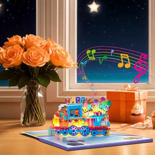 3D Train Pop Up Musical Birthday Card for Grandson, Granddaughter, Kids, Boys and Girls, Light Up Features, Plays 'Happy Birthday' Song, Fun Interactive Birthday Greeting