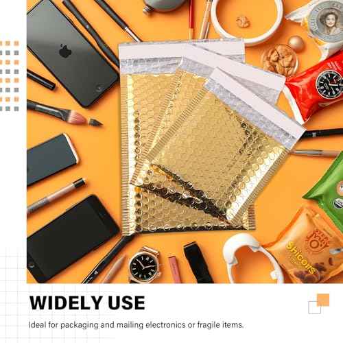 100 Pack Christmas Bubble Mailers 3 Sizes Metallic Bubble Envelopes Waterproof Self Sealing Bags for Mailing, Packing, Small Business, Jewelry Makeup, Gifts(Gold,Metallic)