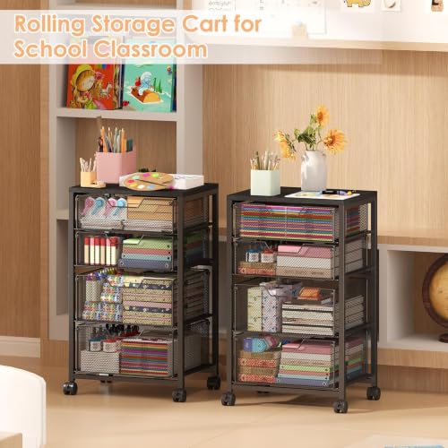 Sbanmao Rolling Cart with 4 Drawers (2S+2M), Black – Heavy-Duty Metal Frame