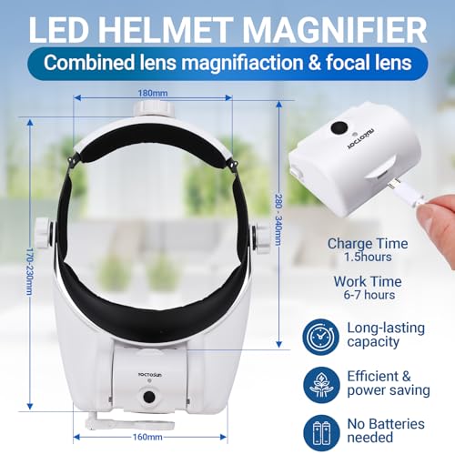 YOCTOSUN Headband Magnifier 1X-14X with Storage Case - Rechargeable LED Light, 6 Lenses, Hands-Free Jewelry & Crafts