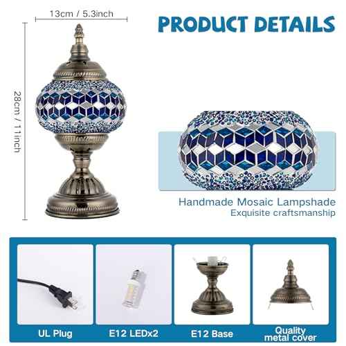 Turkish Moroccan Table Lamp Lantern with Handmade Mosaic Glass Lampshade Tiffany Style Bohemian Stained Glass Decorative Desk Lamps Bedside Night Lights for Bedroom (Multiple Blues)