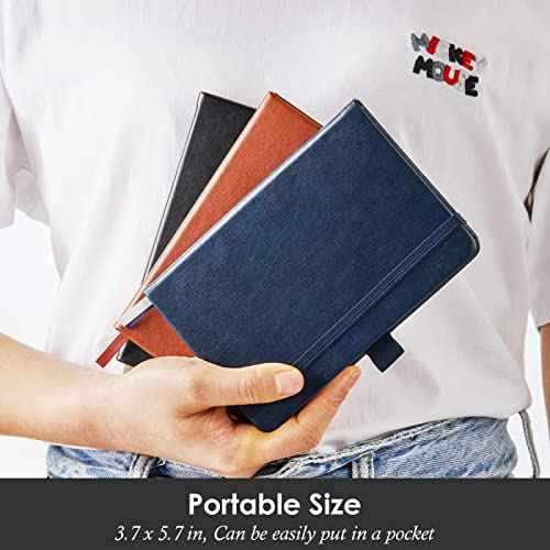 3 Pack Pocket Notebook Journals, Small Notepad Notebooks for Note Taking, A6 Mini Note pads with Pen Holder, 408 Lined Pages, 3.7" x 5.7", Black, Brown, Blue