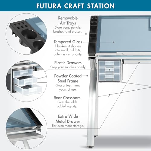 SD STUDIO DESIGNS Futura Crafting, Drafting, Drawing Table with Adjustable Top, Silver/Blue Glass