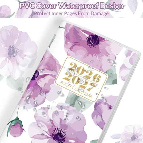 Pocket Calendar 2026-2027, Monthly Purse Planner - 6.7" x 3.7" - Runs from January 2026 Until December 2027, Floral Pocket Calendar with PVC Cover for Planning, Organizing and Office