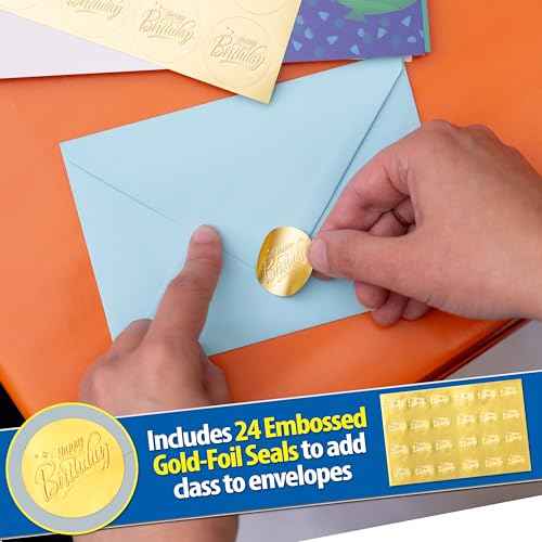24 Pack Assorted Birthday Cards with Gold Foil, Messages, Envelopes, and Stickers | 4x6 Inch Happy Birthday Cards Bulk for Family, Kids, Friends, Work, and Office Celebrations.