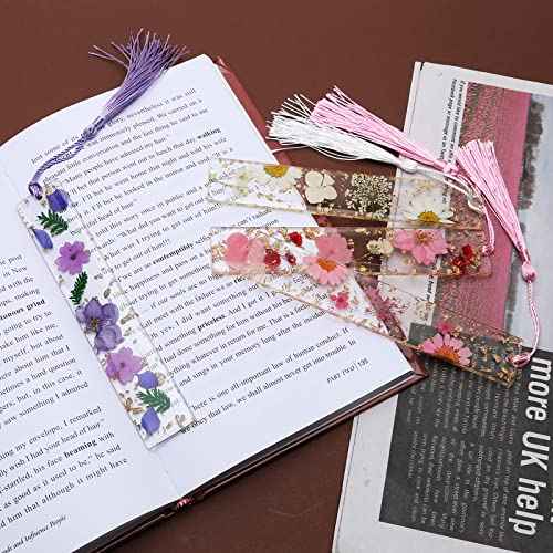 Bookmarks for Women, Kaluofan 2PCS Book Marks for Reading Women, Durable Handmade Dried Flower Resin Bookmarks with Tassels, Pretty and Increase Reading Interest