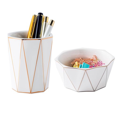 YOSCO Ceramic Cone-Shape Pen Holder With Gold Line Stand Pencil Cup Pot for Kids Desk Organizer Makeup Brush Holder (White-set)