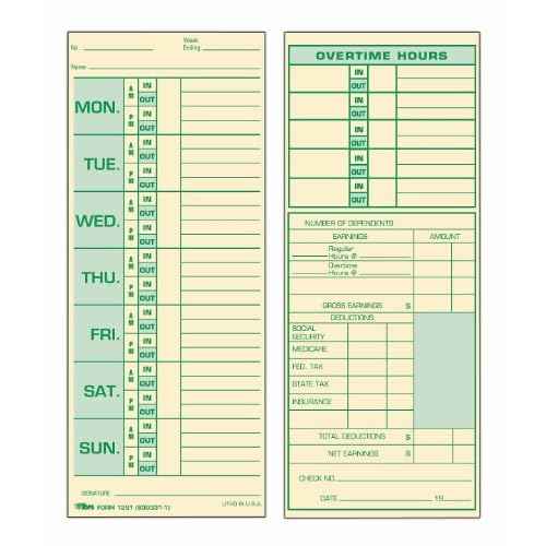 TOPS Time Cards, Weekly, 2-Sided, 3-1/2" x 8-1/2", Green Print Front/Back, 500-Count (1291)