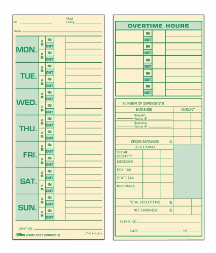 TOPS Time Cards, Weekly, 2-Sided, 3-1/2" x 8-1/2", Green Print