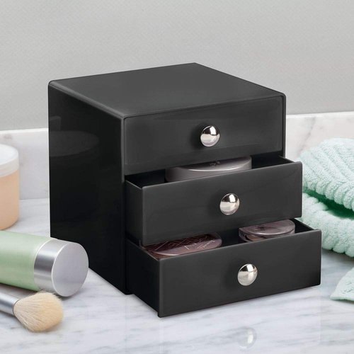 iDesign 35360 3-Drawer Plastic Vanity Organizer, Compact Storage Organization Set for Cosmetics, Dental Supplies, Hair Care, Bathroom, Dorm, Desk, Countertop, Office, 6.5" x 6.5" x 6.5", Black