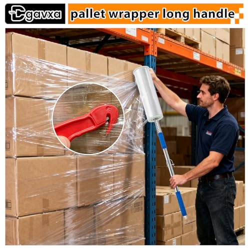 Long Handle Stretch Wrap Dispenser with Safety Knife, – 48" Pole for