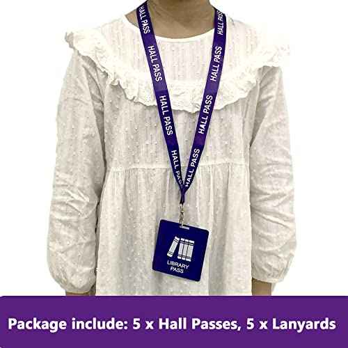 Hall Pass Lanyards with Card Passes,Unbreakable School Classroom Passes Set for Teacher Parents (Hall Bathroom Library Office & Nurse),5 Pcs (Library)
