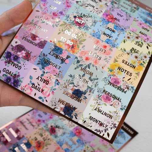 UPAFEXXI-Laminated Planner Monthly Tabs(72 Stickers in Total,24 Month,24 Subject,24 Blank) Calendar Monthly Label Stickers for Planners, Subject Label Adhesive Tabs for Folders, Pages(Floral)