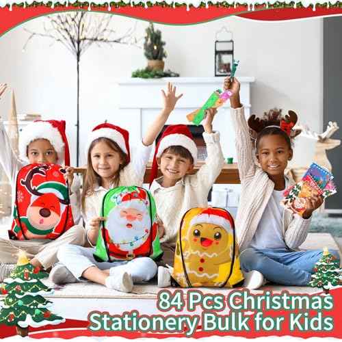 Zhanmai 84 Pcs Christmas Stationery Party Favor Bulk 16.5 x 13.8" Christmas Drawstring Backpack Multicolor Ballpoint Pen Ruler Stamp Notebook for Christmas Stationery Gift Classroom Prize for Kids