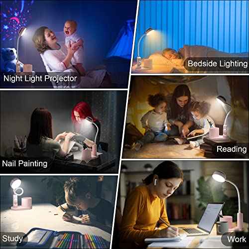Cute Pink Rabbit Lamp for Kids Reading Study - Star Projector/Pen Holder/3 Brightness/Eye Caring, Rechargeable Led Table Desk Lamp for Home Office Dorm Decor, Ideal Birthday Christmas Gifts