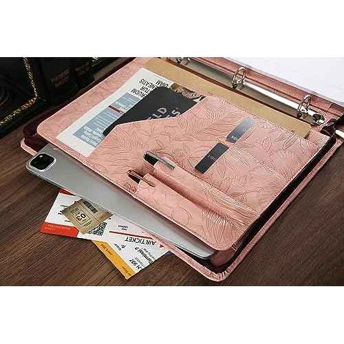 Patterned Leather Portfolio,10.5¡¿14 inch padfolio with 3 Ring Binder£¬Bussiness Portfolio with A4 Letter Size Clipboard £¬Leather padfolio for Men and Women£¨Pink£©