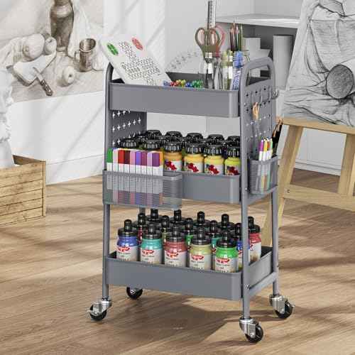 TOOLF Metal Rolling Storage Cart, 3-Tier Utility Mobile Cart with DIY Pegboards, Serving Trolley Cart with Baskets Hooks, for Kitchen, Bathroom, Office, Home, Classroom (Dark Grey)