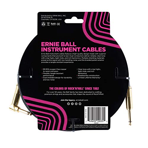 Ernie Ball Braided Instrument Cable, Straight/Angle, 10ft, Black (P06081)