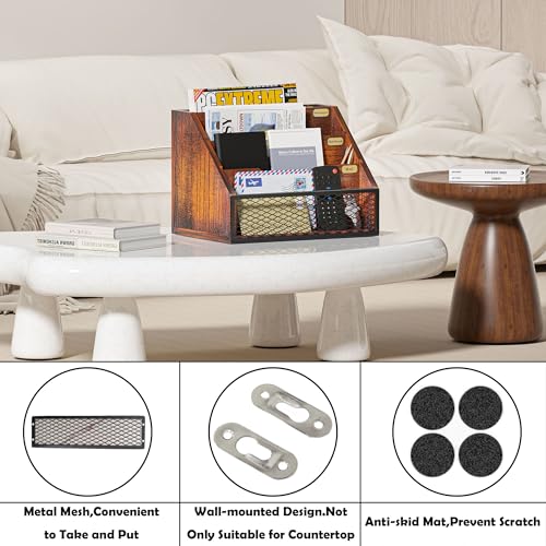 Yelinkws Brown Wooden 4-Slot Mail Organizer for Desktop & Wall