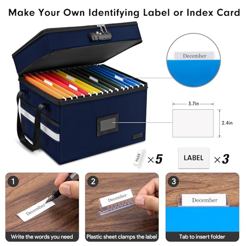 ETRONIK Fireproof Document Box with Lock, 2-Layer File Box Storage Organizer with 5 Tabs& Insert, Portable File Cabinet Storage Box with Handle for Hanging Letter,Legal Size Folder,Certificate, Blue