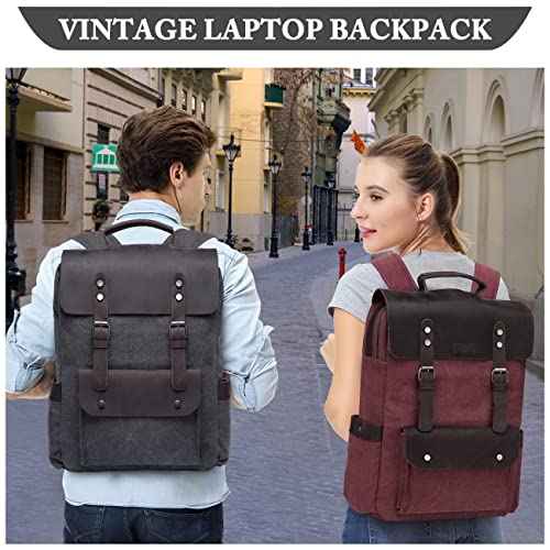 VASCHY Leather Laptop Backpack, Casual Canvas Campus Rucksack with 15.6 inch Laptop Compartment